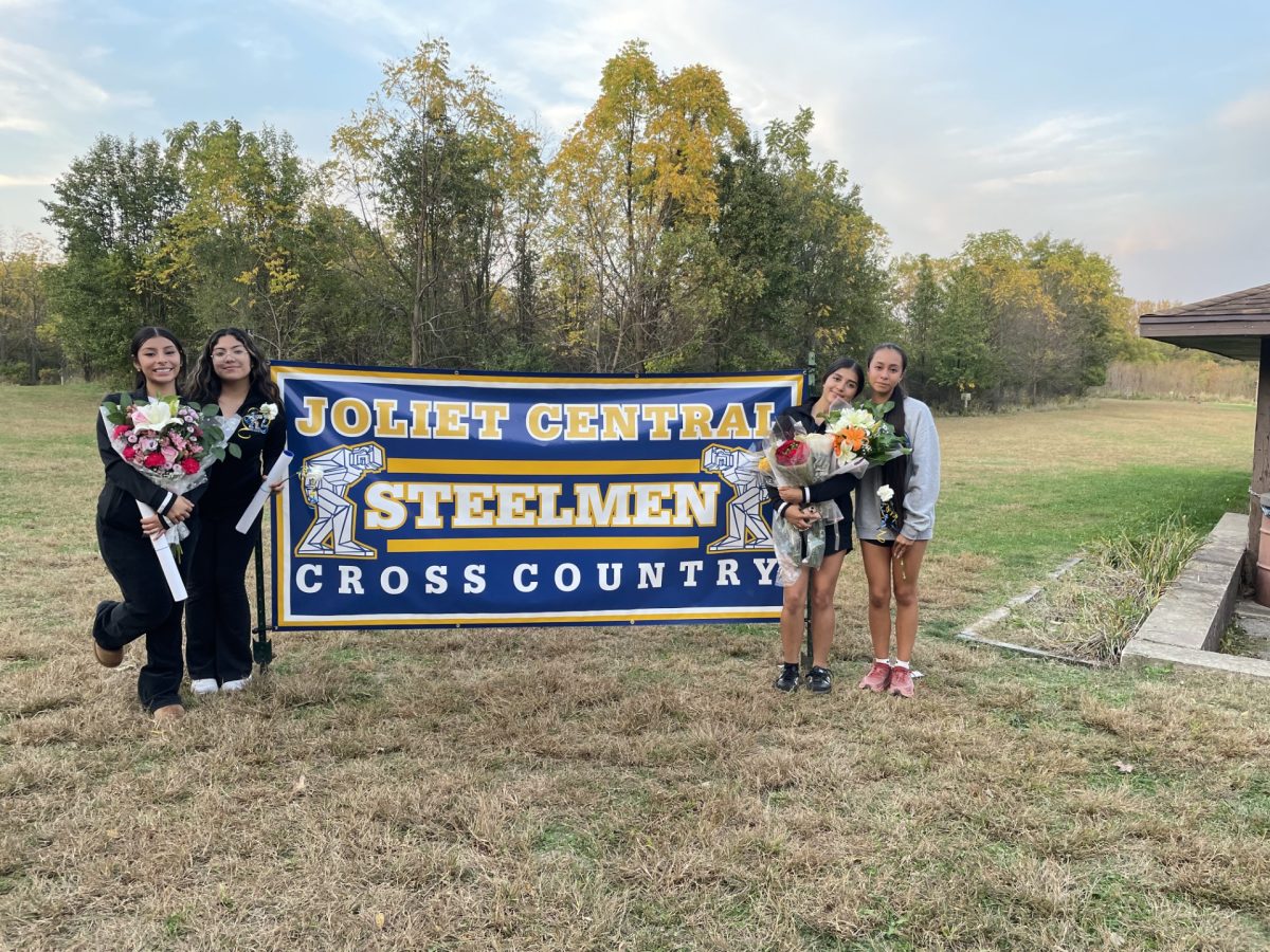 Dianna Mascote, Valeria Damian, Yusei Muniz, and Joselin Pensado after Joliet Central’s Girls XC Senior Night Race on Friday, October 11
